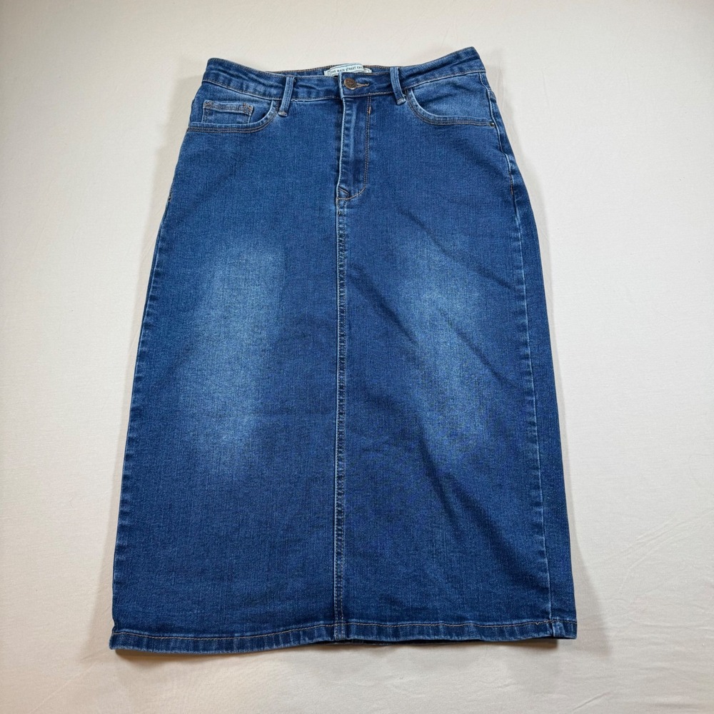 The Main Street Exchange Denim Midi Skirt Medium Wash Size 2 Modest Pencil Skirt